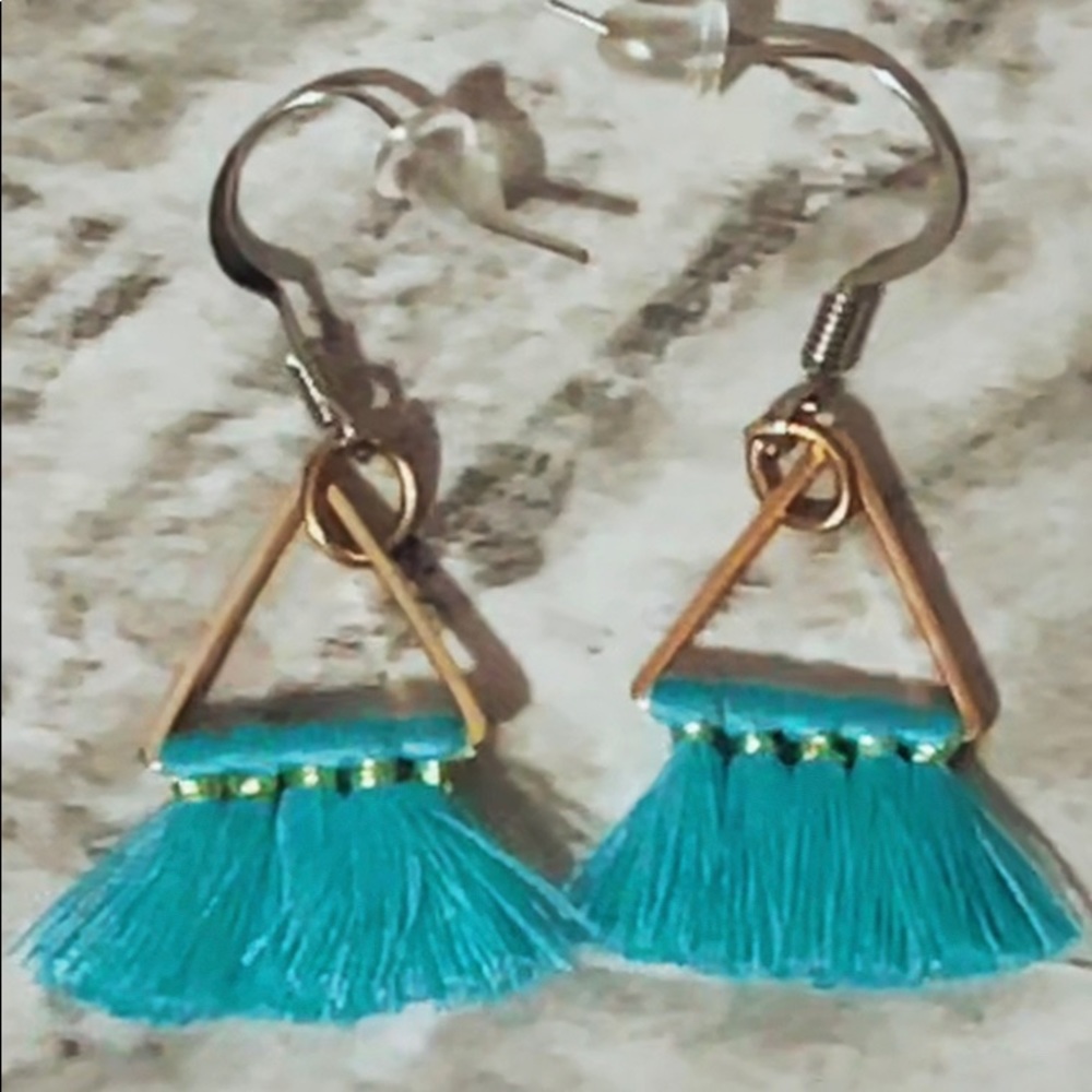 Turquoise and gold triangle earrings.
